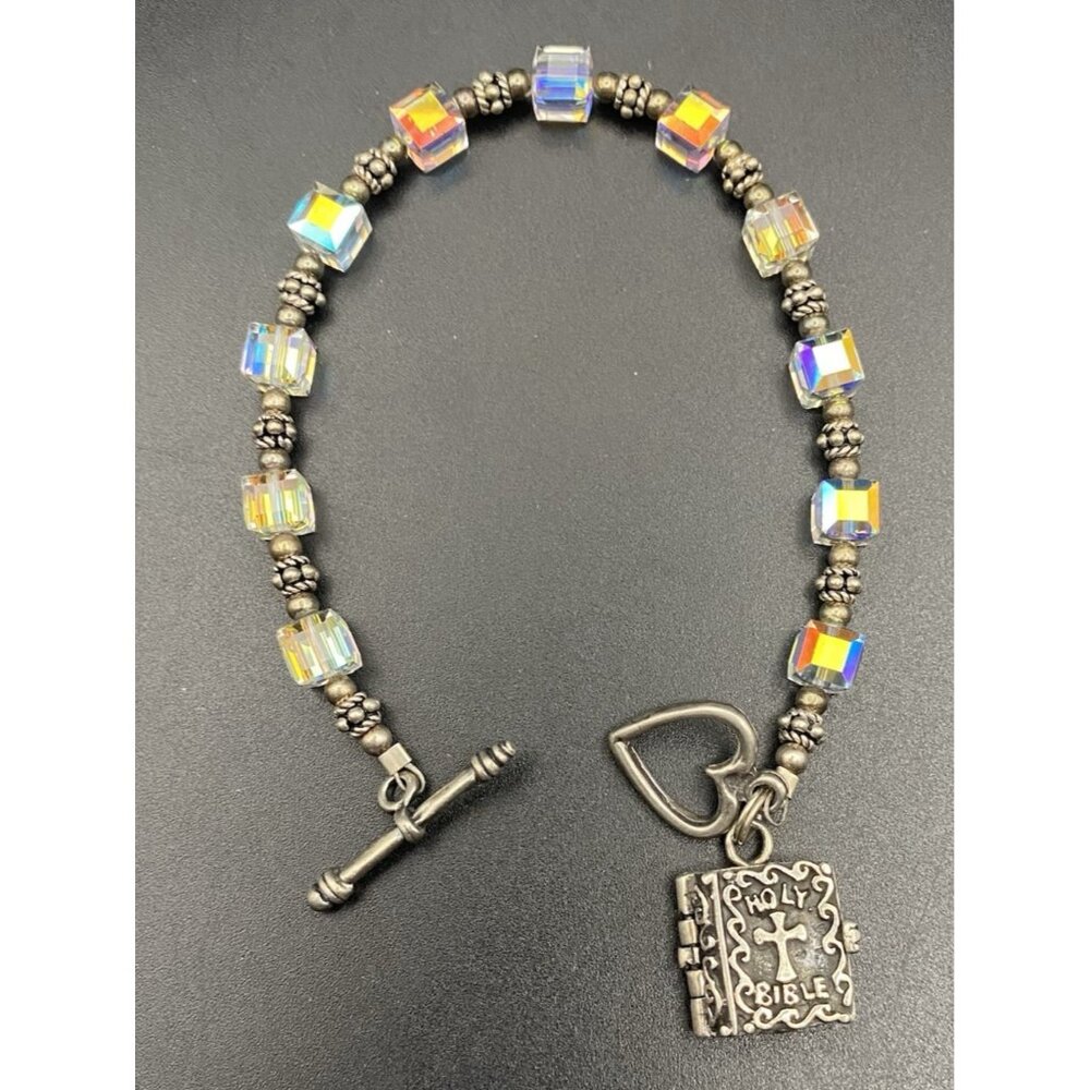 AB Crystal Cube Bracelet Bible Locket Charm Opens Mary Baby Jesus 925 Silver 7.5 - Picture 3 of 11
